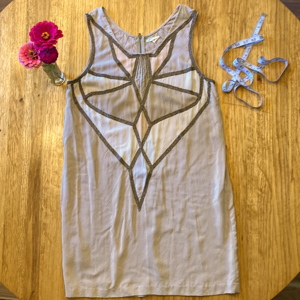 Anthropology, 100% Silk, Light Tan/Cream/Pink/&Bronze, Shift Dress, Sz. L